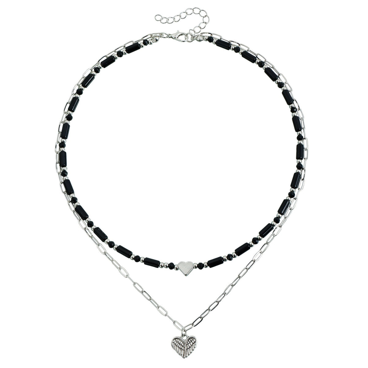 Classy Black Bead Layered Heart Necklace, Bracelet & Earring Set