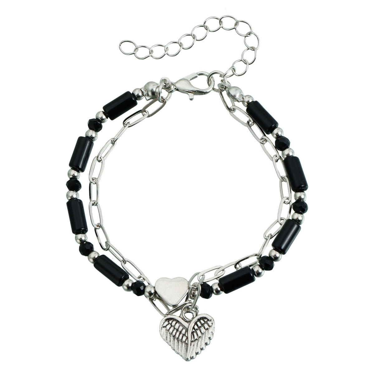 Classy Black Bead Layered Heart Necklace, Bracelet & Earring Set