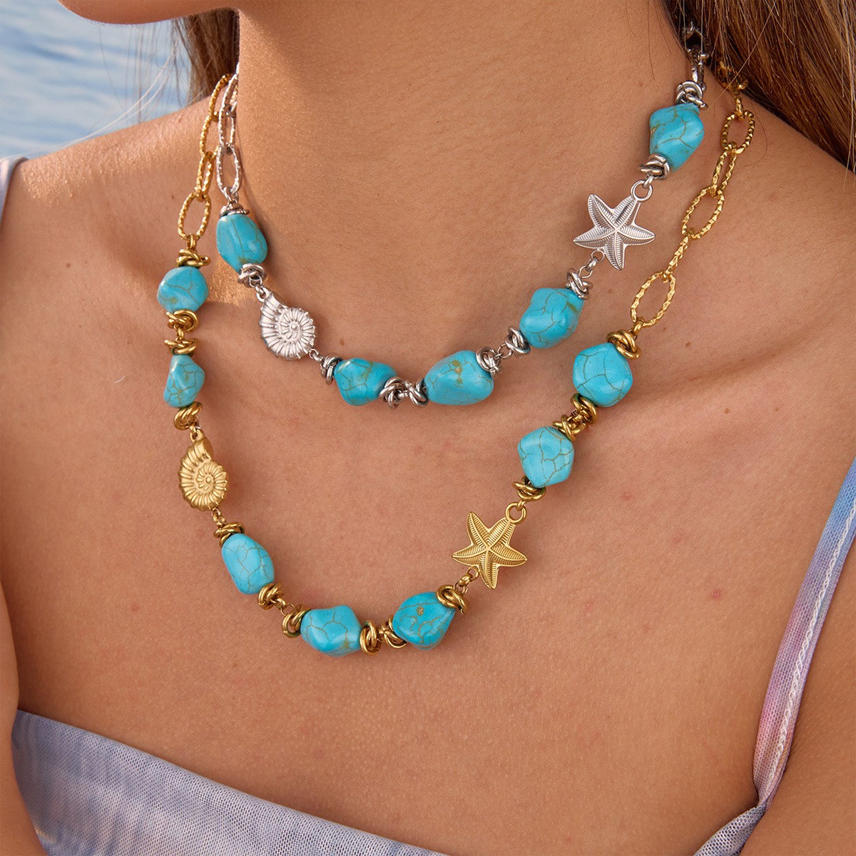 18k Boho Turquoise Starfish Necklace