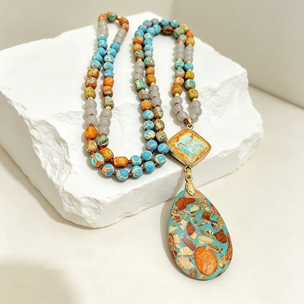 Boho Multicolor Mosaic Teardrop Necklace