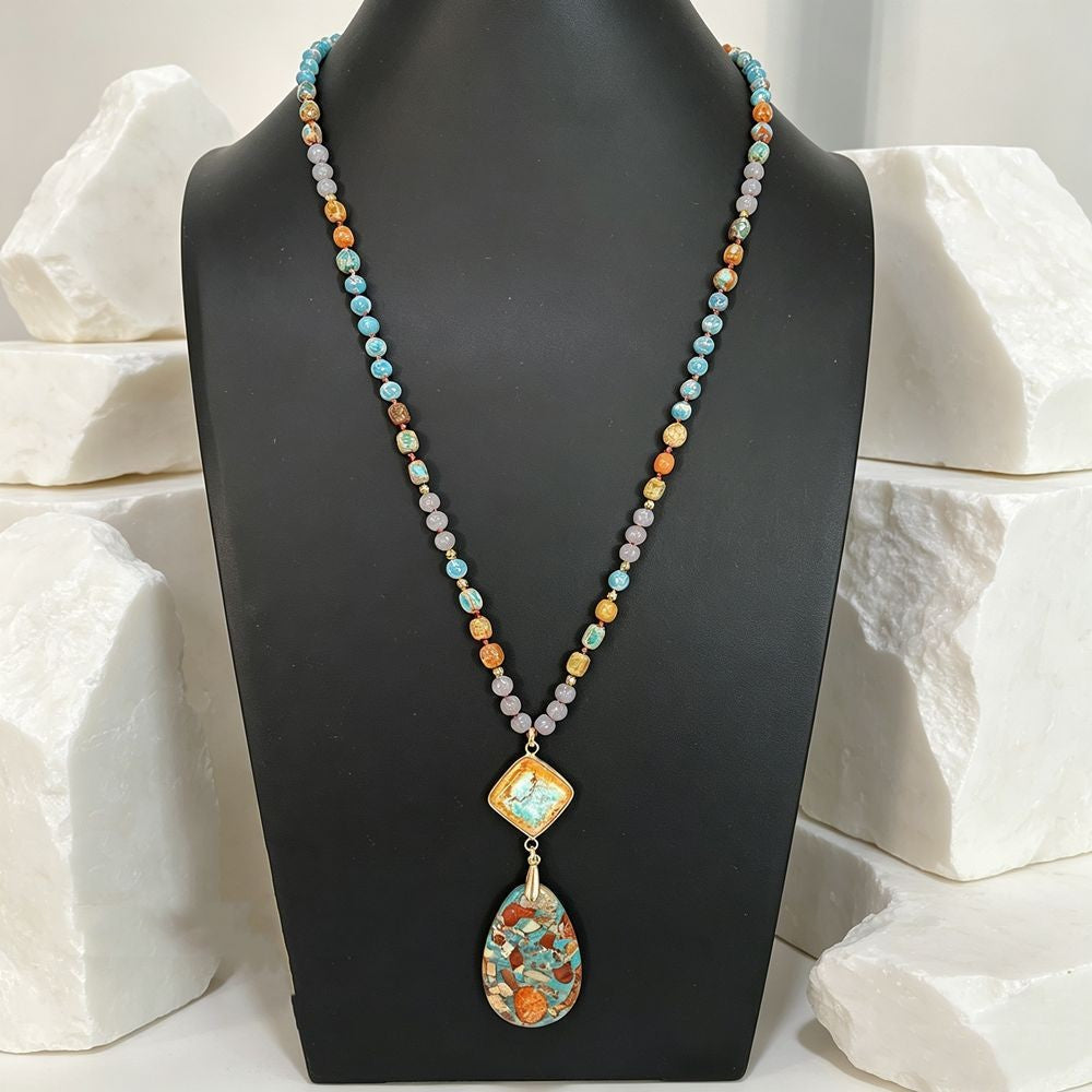 Boho Multicolor Mosaic Teardrop Necklace