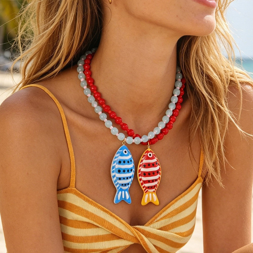Playful Striped Resin Fish Beaded Necklace