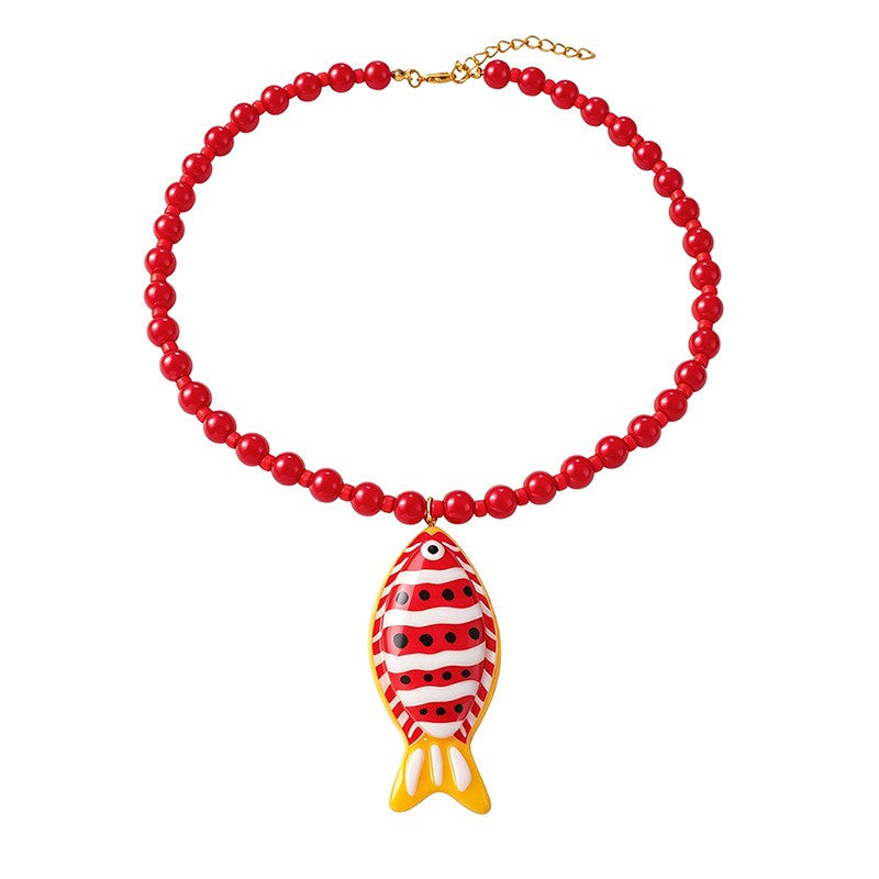 Playful Striped Resin Fish Beaded Necklace