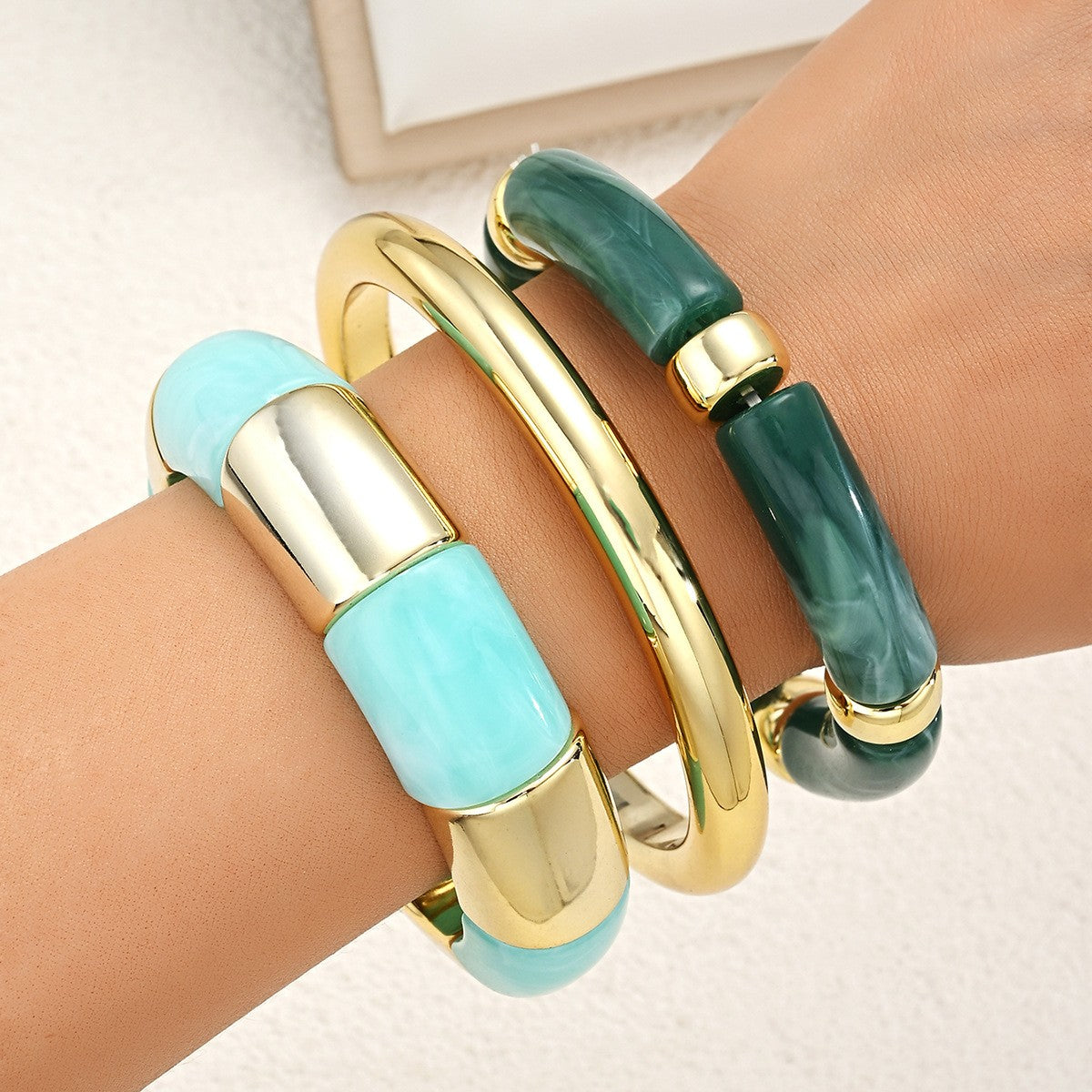 3pc Boho Bamboo Joint Resin Bangle Set