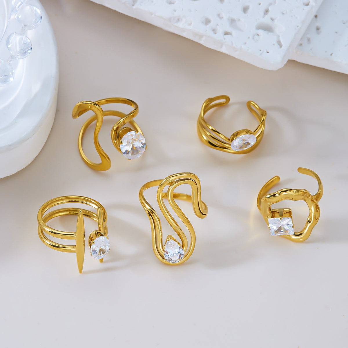 Classy Geometric Zirconia Open Ring Set