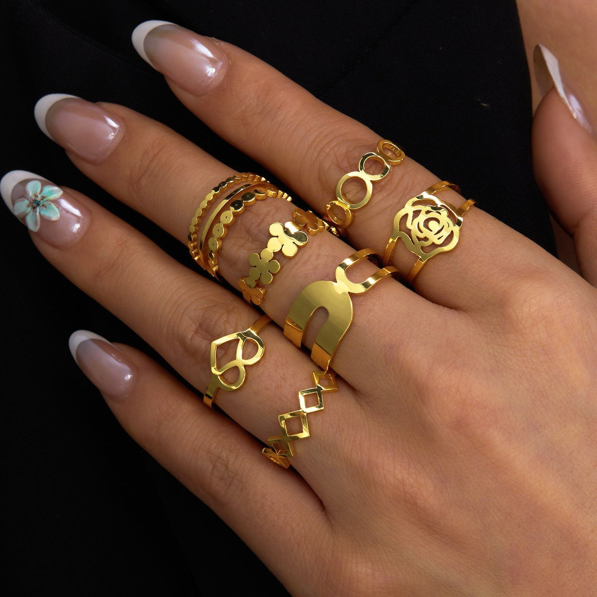 Classy Geometric Floral Stacking Ring Set