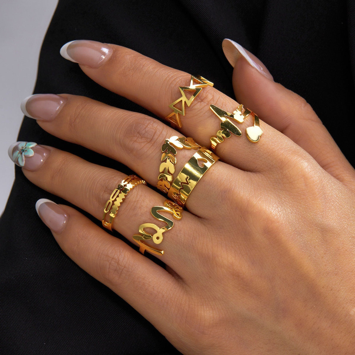 Classy Geometric Floral Stacking Ring Set