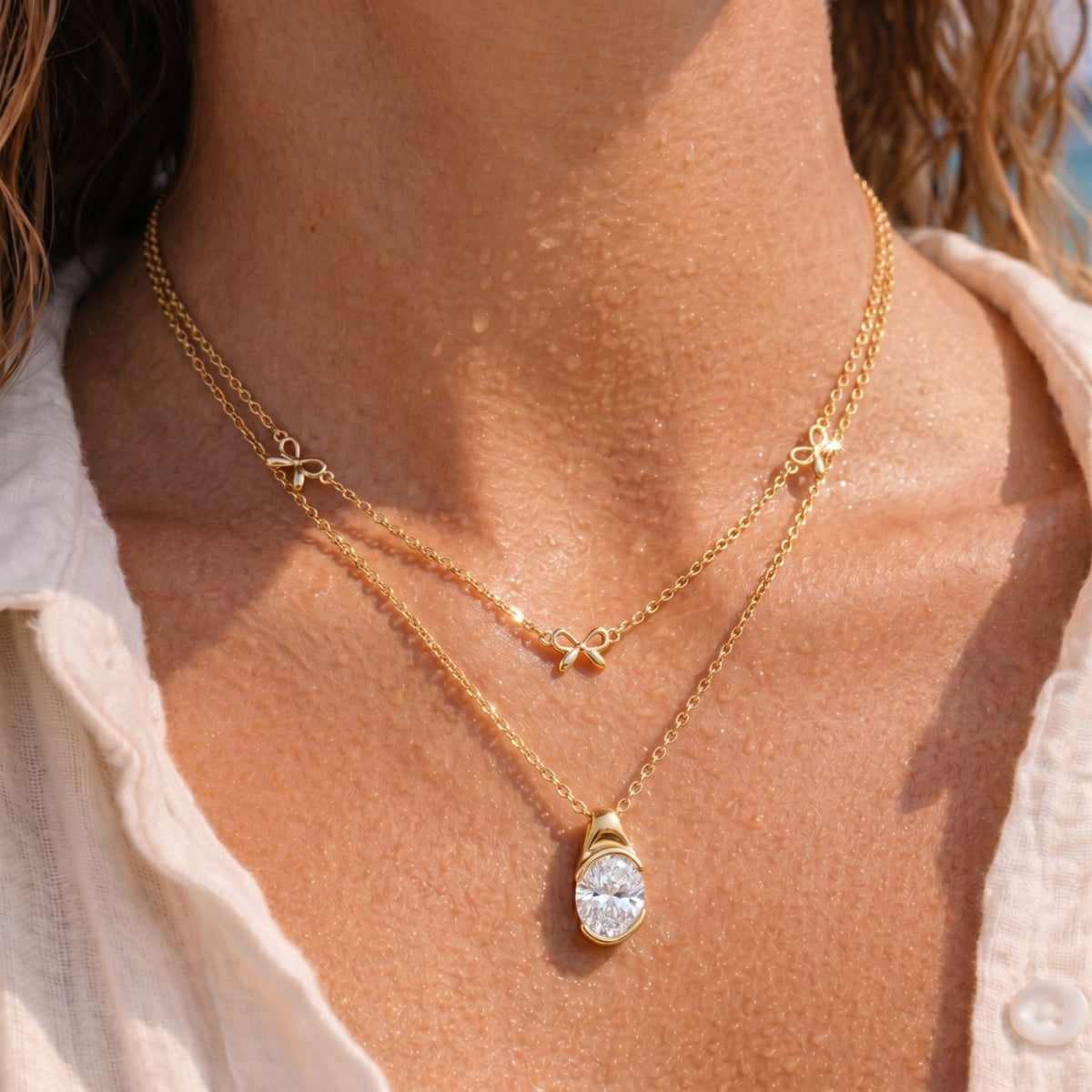 Dainty Layered Bow & Oval CZ Necklace