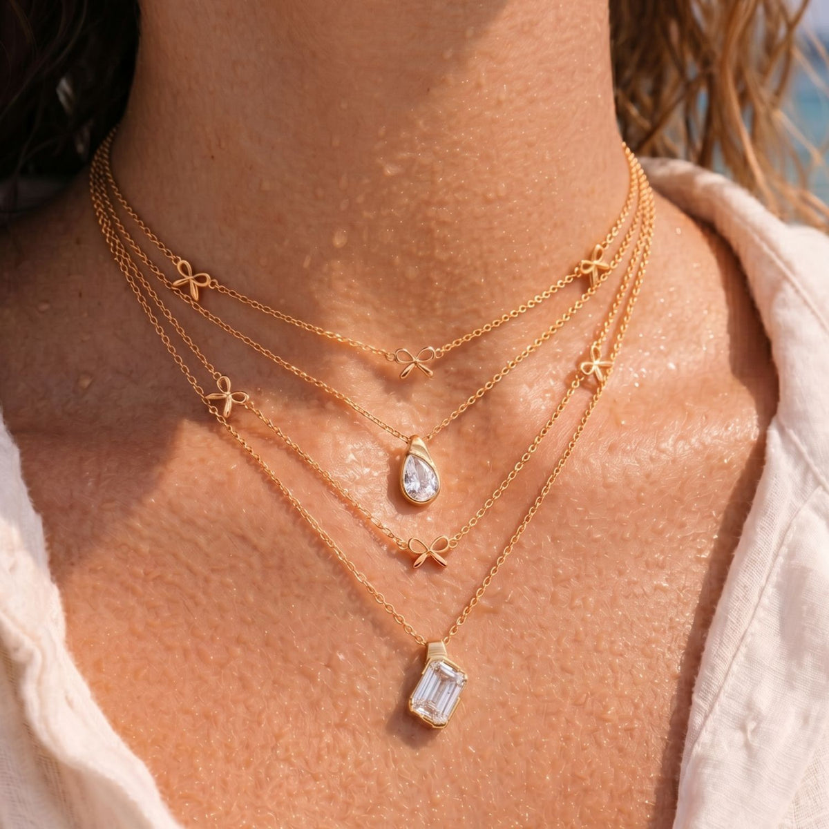 Dainty Layered Bow & Oval CZ Necklace