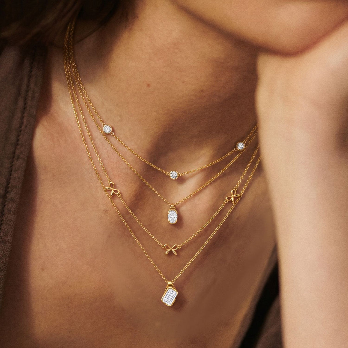 Dainty Layered Bow & Oval CZ Necklace