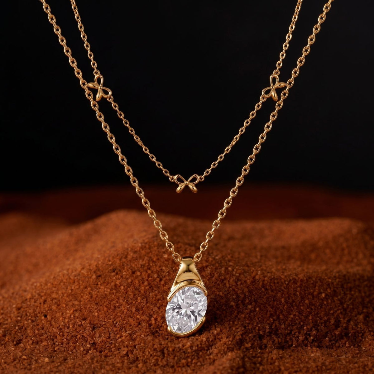 Dainty Layered Bow & Oval CZ Necklace