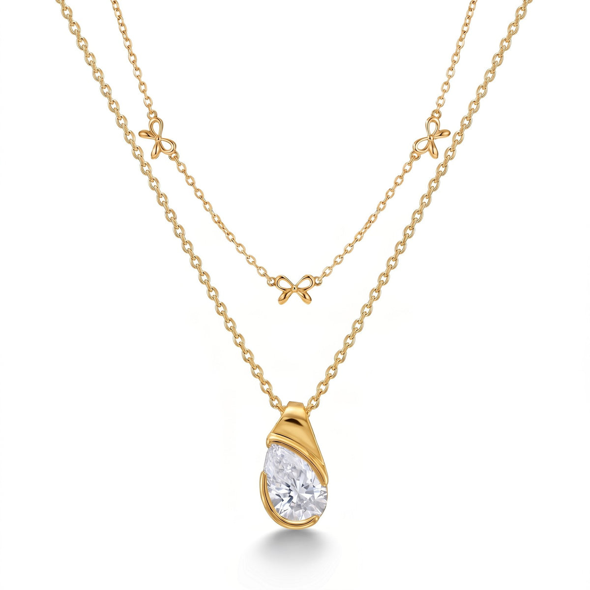 Dainty Layered Bow & Oval CZ Necklace