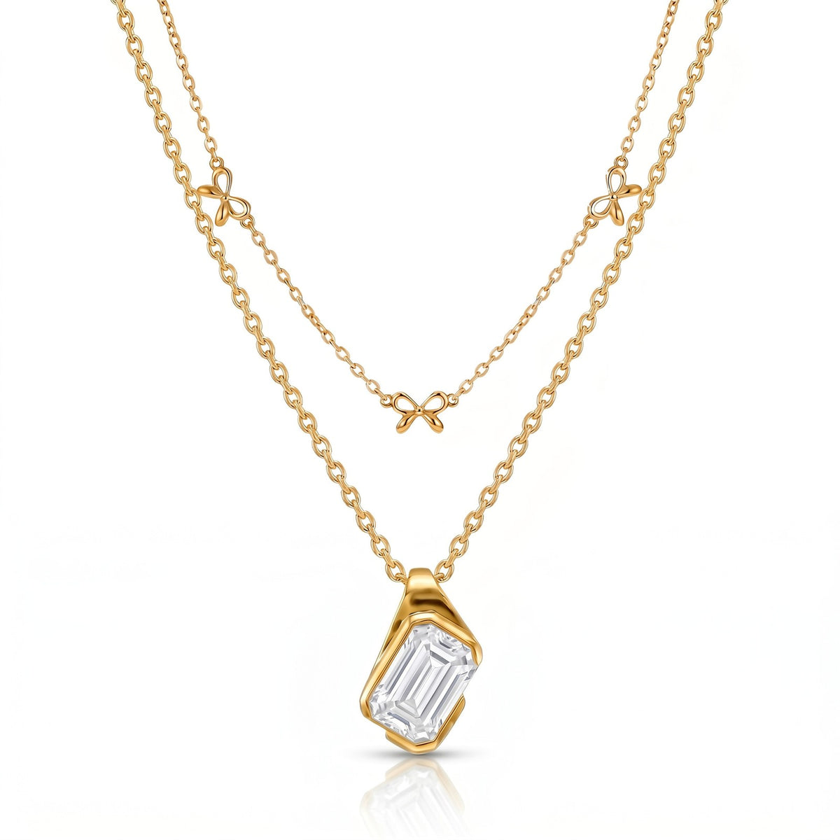 Dainty Layered Bow & Oval CZ Necklace