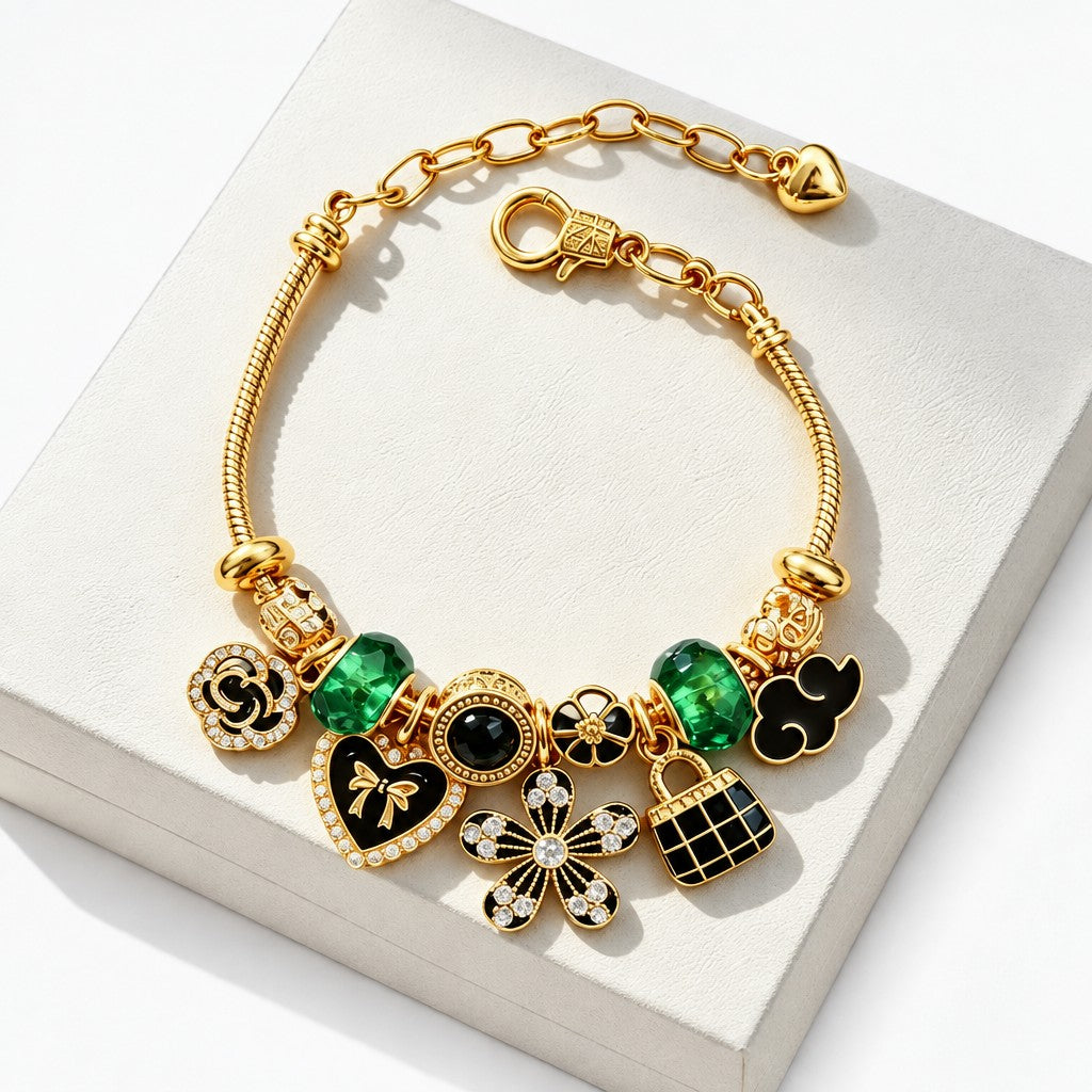 Dainty Green Gem & Lock Charm Bracelet