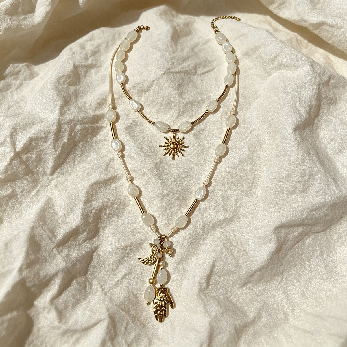 18k Boho Ivory Beaded Sun Necklace