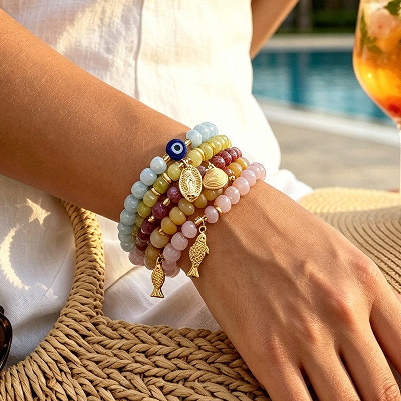 Boho Multi-Color Chalcedony Fish Charm Bracelet Set