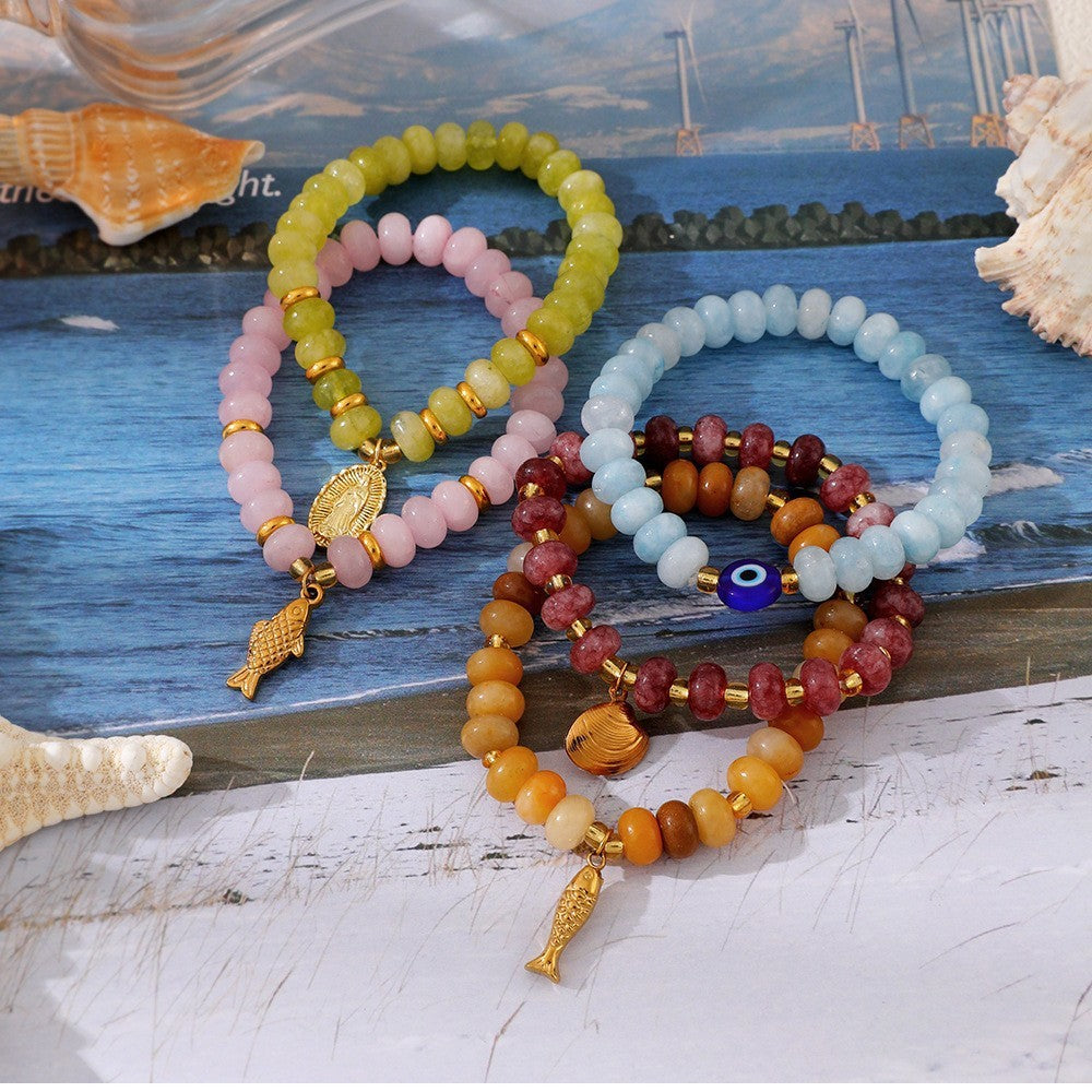 Boho Multi-Color Chalcedony Fish Charm Bracelet Set