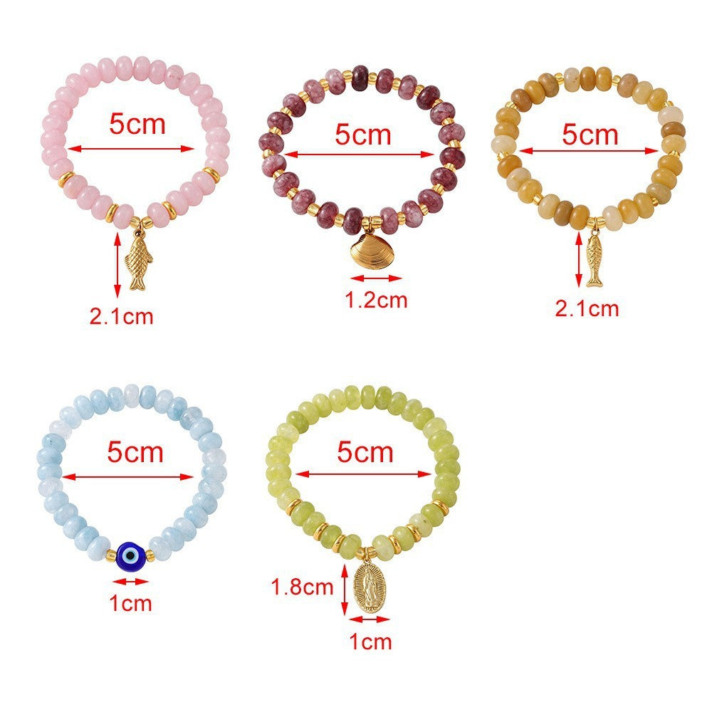 Boho Multi-Color Chalcedony Fish Charm Bracelet Set