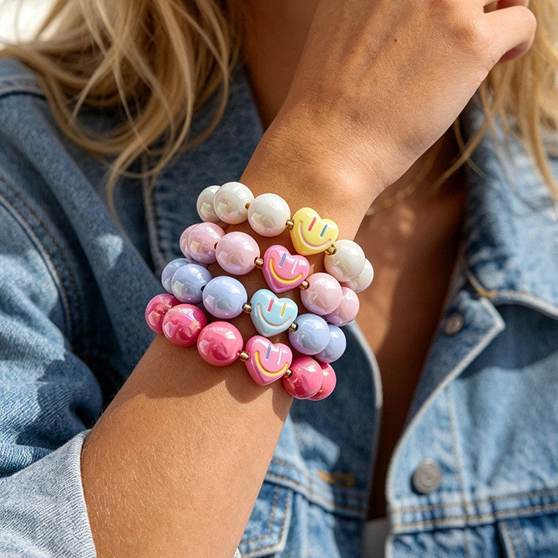 Cute Iridescent Smiley Heart Bracelet Set
