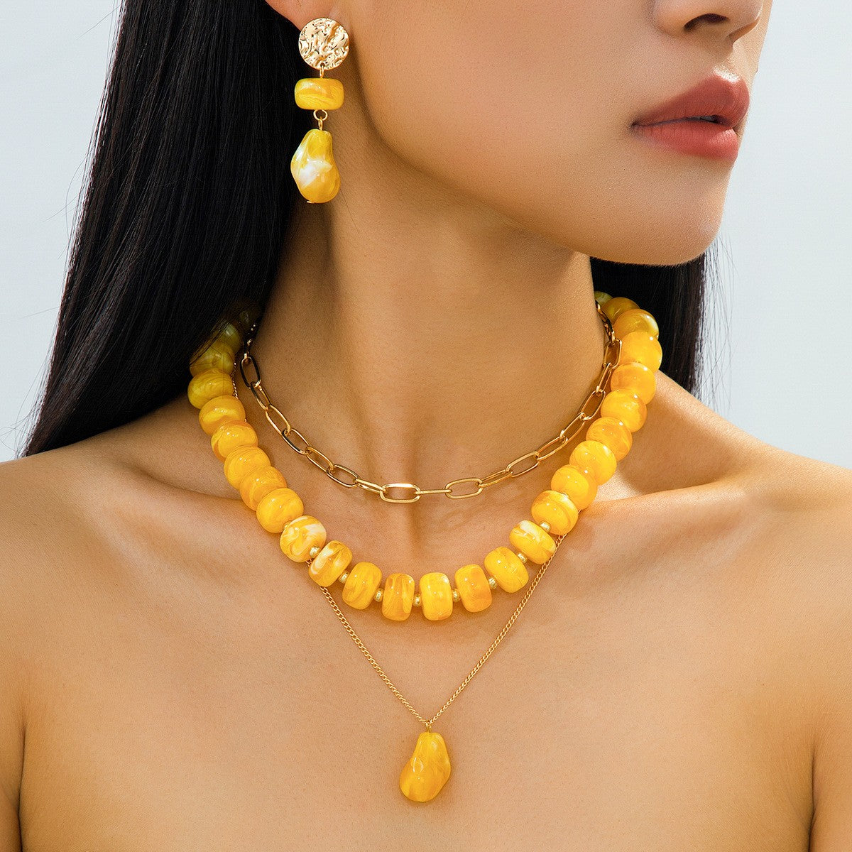 Boho Amber Bead Layered Necklace & Earring Set
