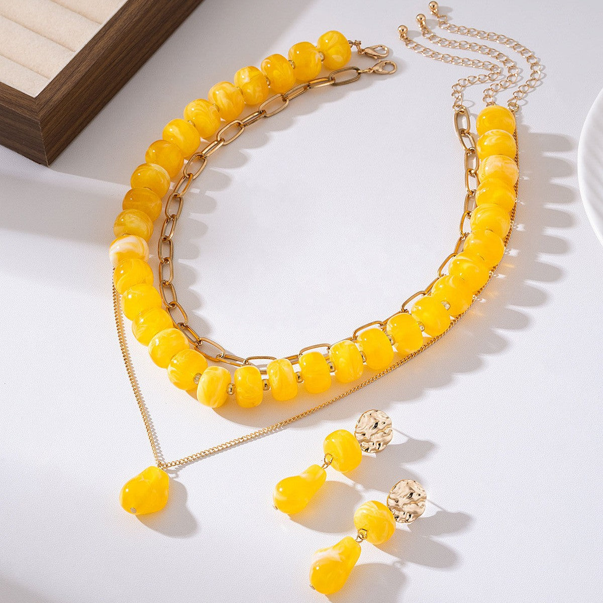 Boho Amber Bead Layered Necklace & Earring Set