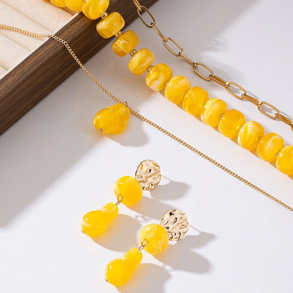 Boho Amber Bead Layered Necklace & Earring Set