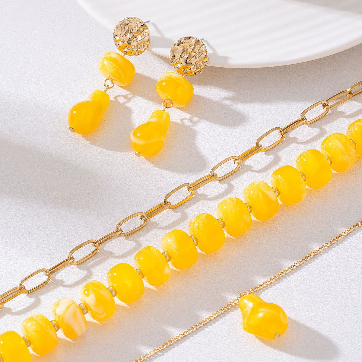 Boho Amber Bead Layered Necklace & Earring Set