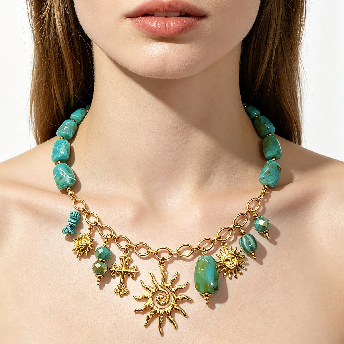 18k Boho Turquoise Sun Statement Necklace