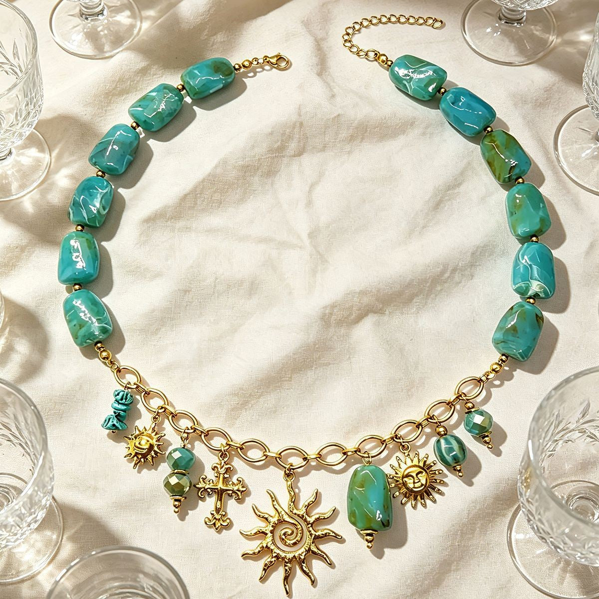 18k Boho Turquoise Sun Statement Necklace