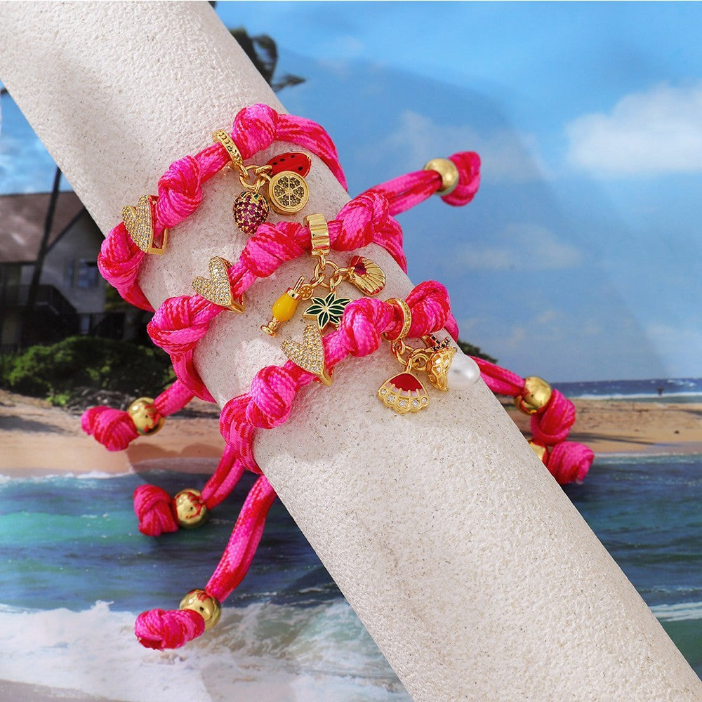 Romantic Pink Braided Charm Bracelet Set
