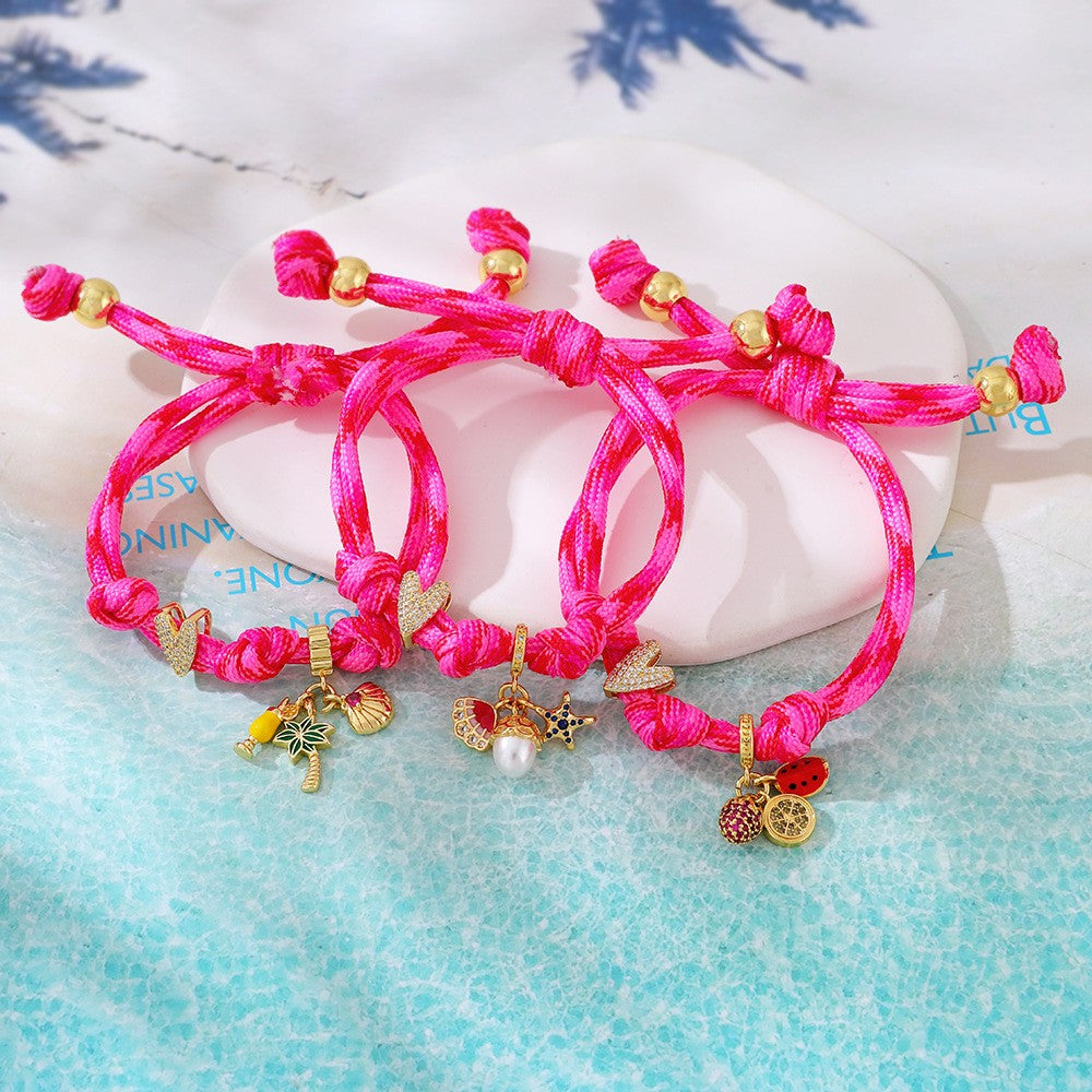 Romantic Pink Braided Charm Bracelet Set