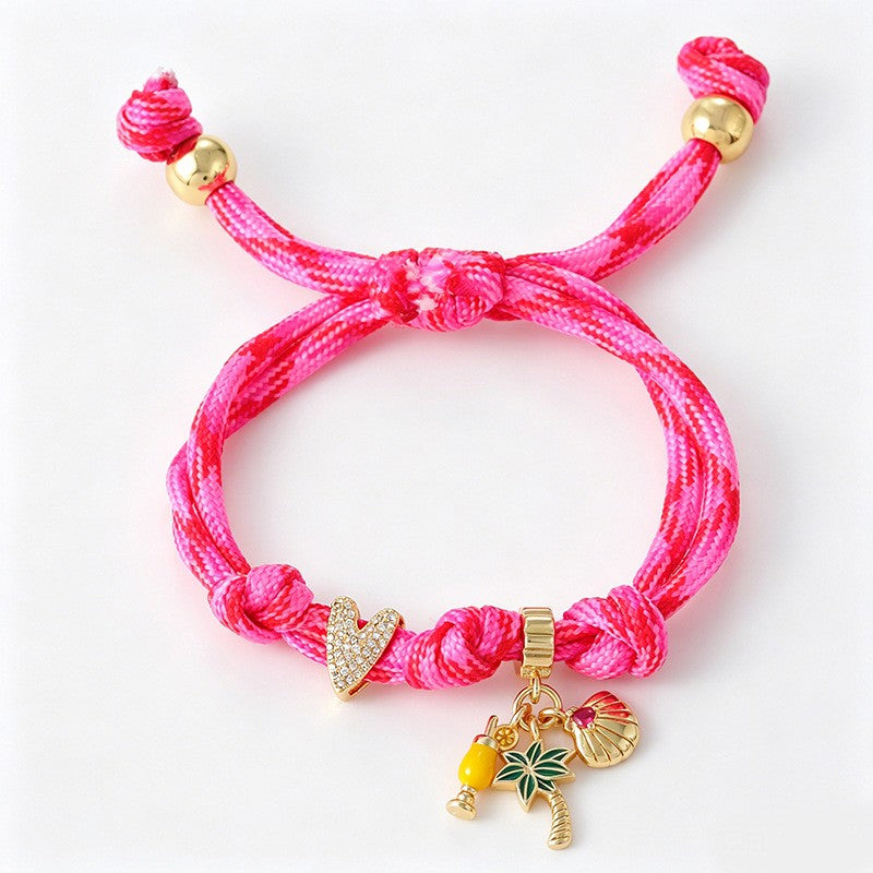 Romantic Pink Braided Charm Bracelet Set
