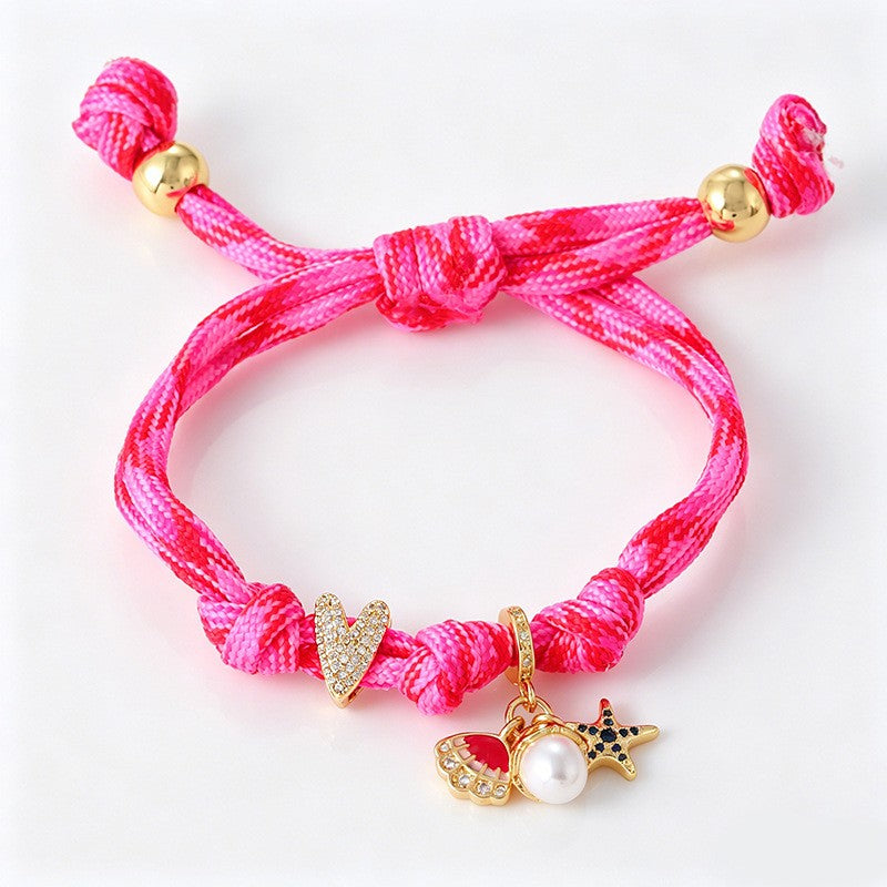 Romantic Pink Braided Charm Bracelet Set
