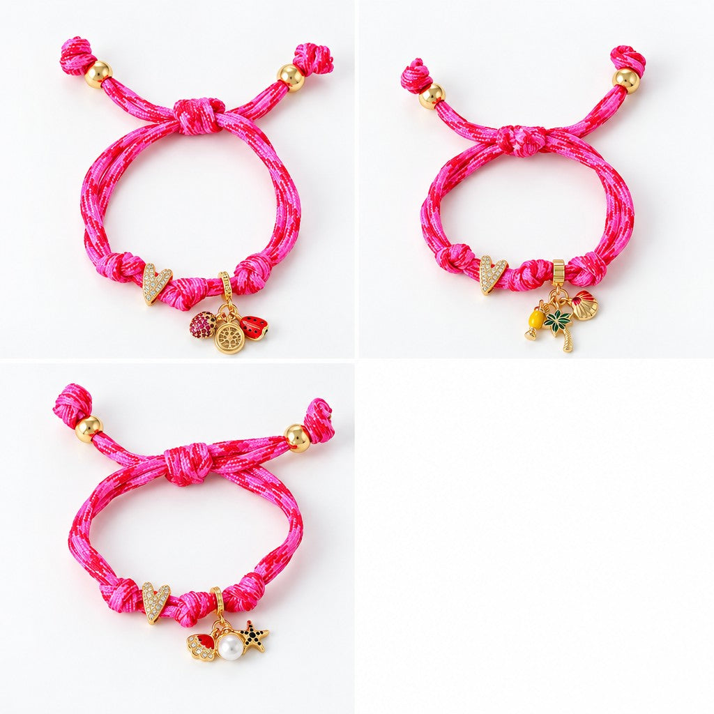 Romantic Pink Braided Charm Bracelet Set