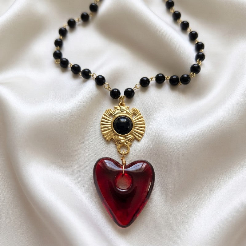 Romantic Red Glass Heart Beaded Necklace