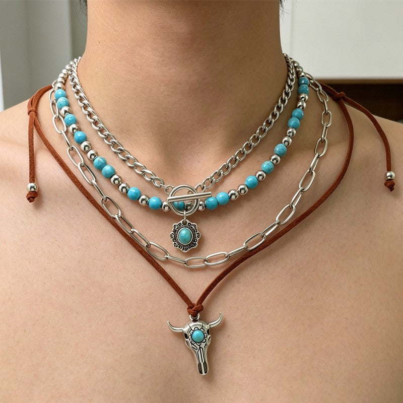 Boho Turquoise Bull Skull Layered Necklace