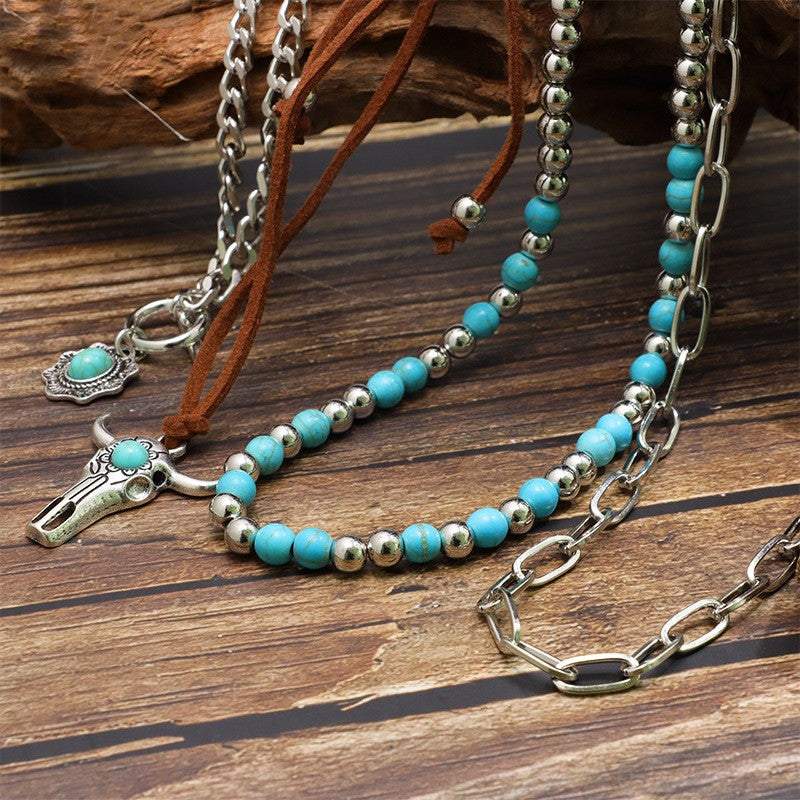 Boho Turquoise Bull Skull Layered Necklace