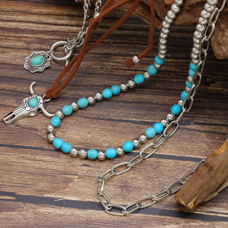 Boho Turquoise Bull Skull Layered Necklace