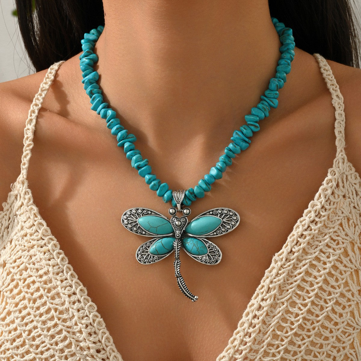 Vintage Turquoise Dragonfly Pendant Necklace