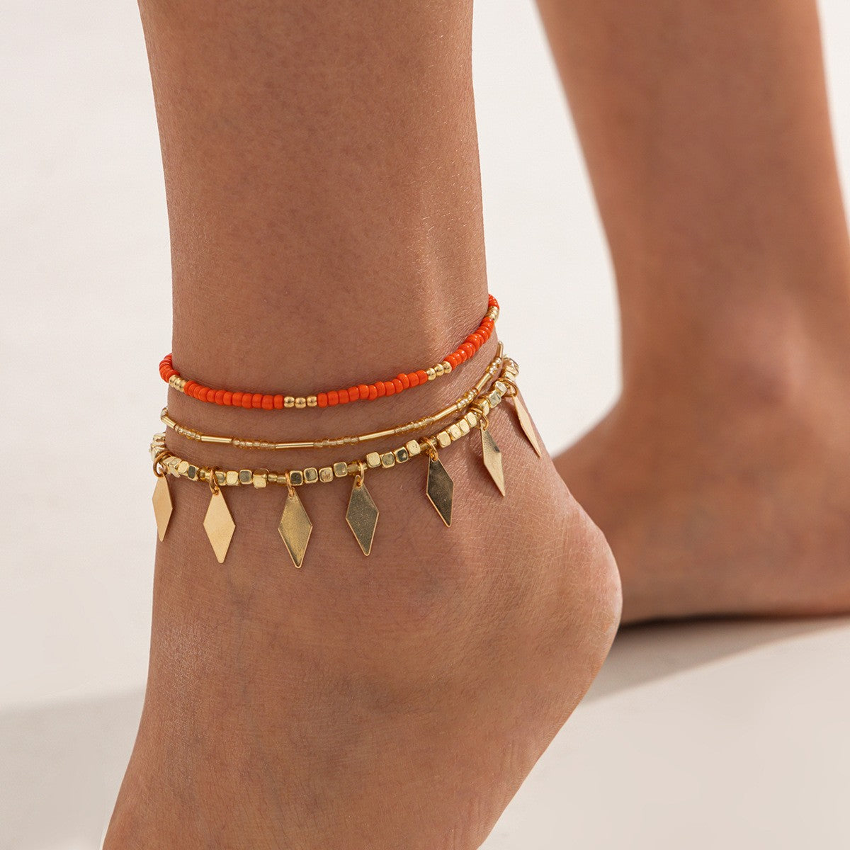 Boho Geometric Charm Seed Bead Anklet Set