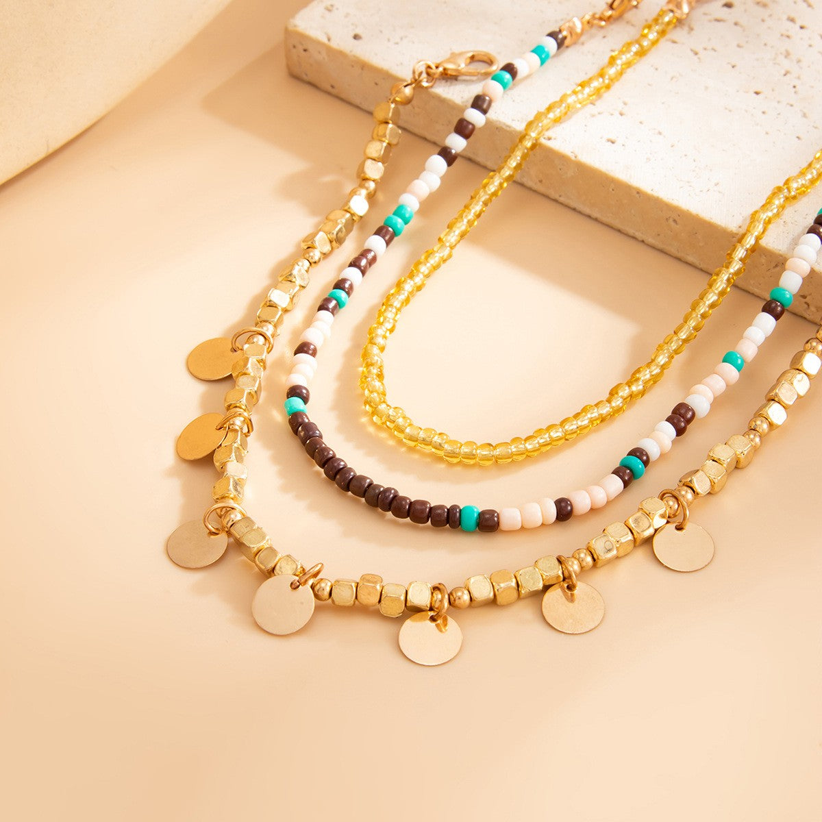 Boho Geometric Charm Seed Bead Anklet Set
