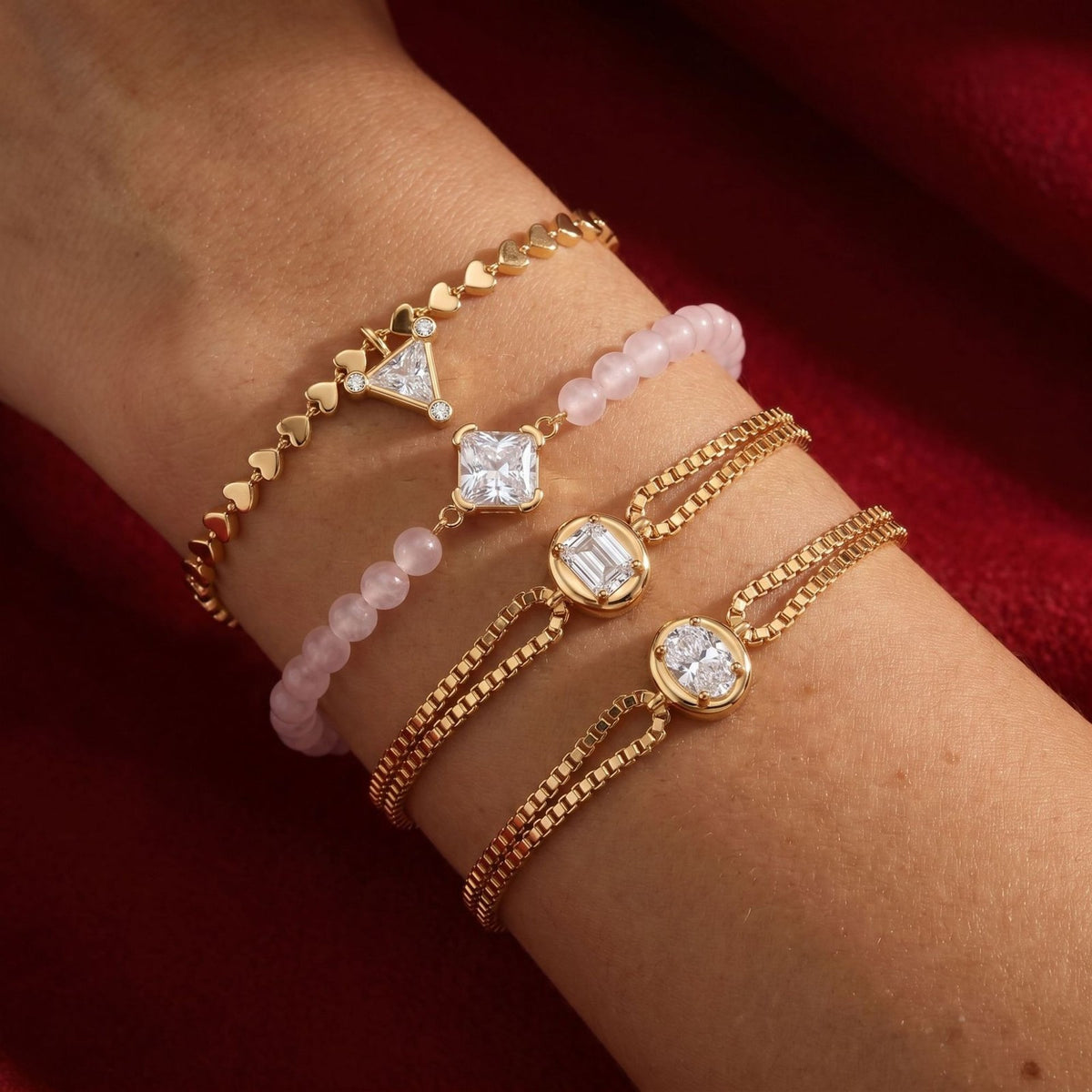4pc Dainty Geometric & Heart CZ Bracelet Set