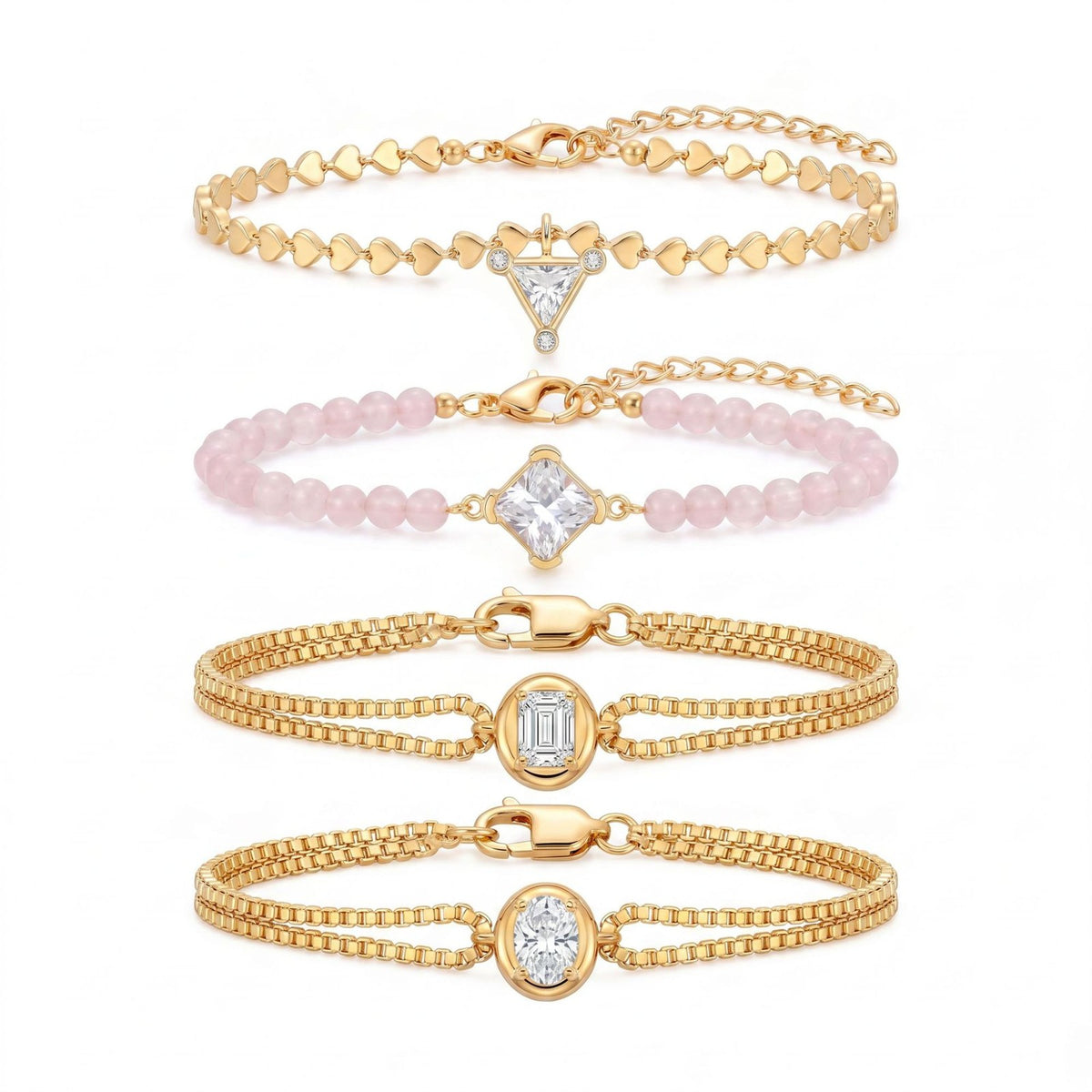 4pc Dainty Geometric & Heart CZ Bracelet Set