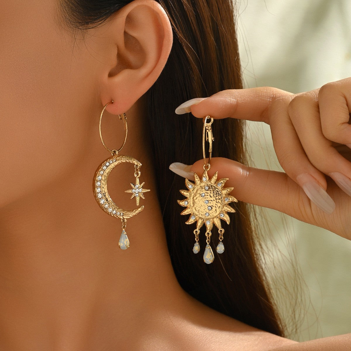 Boho Asymmetric Sun Moon Drop Earrings