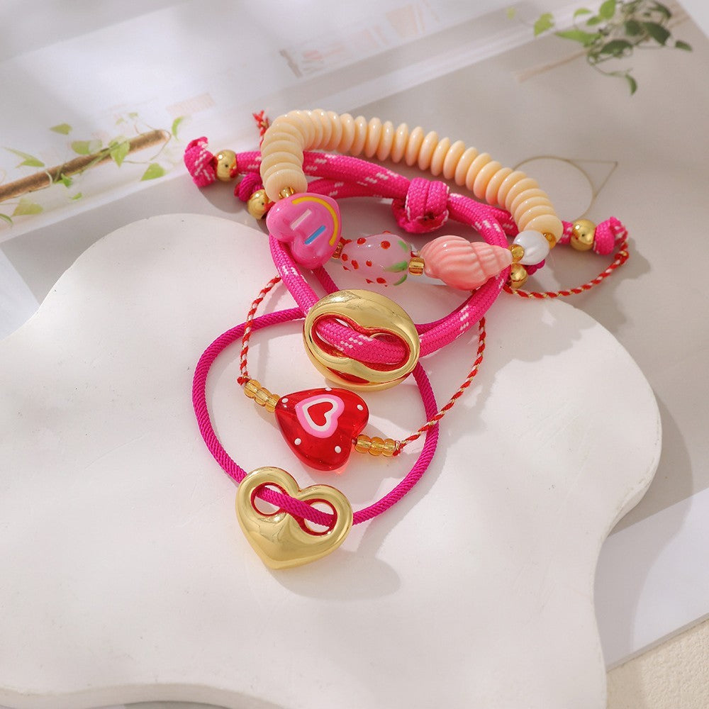 Romantic Resin Fruit and Heart Charm Bracelet Set