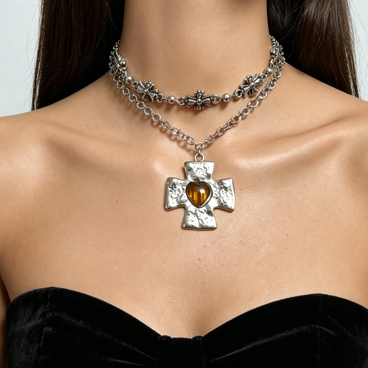 Vintage Amber Heart Cross Layered Necklace