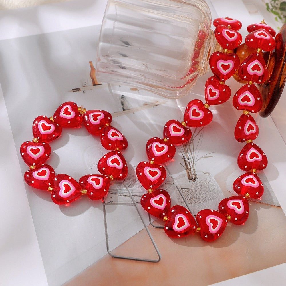 Romantic Red Polka Dot Heart Necklace Bracelet Set