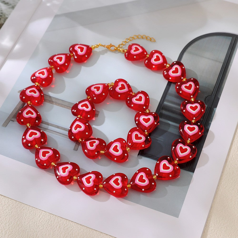 Romantic Red Polka Dot Heart Necklace Bracelet Set