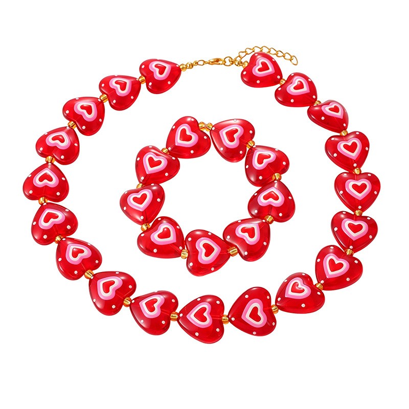 Romantic Red Polka Dot Heart Necklace Bracelet Set
