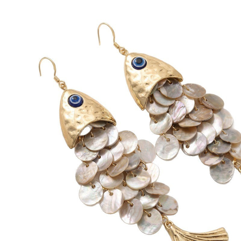 Boho Hammered Fish Shell Dangle Earrings